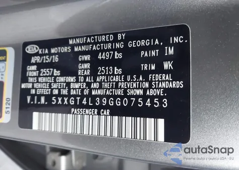 2016 Kia Optima Lx from USA, damaged, VIN 5XXGT4L39GG075453